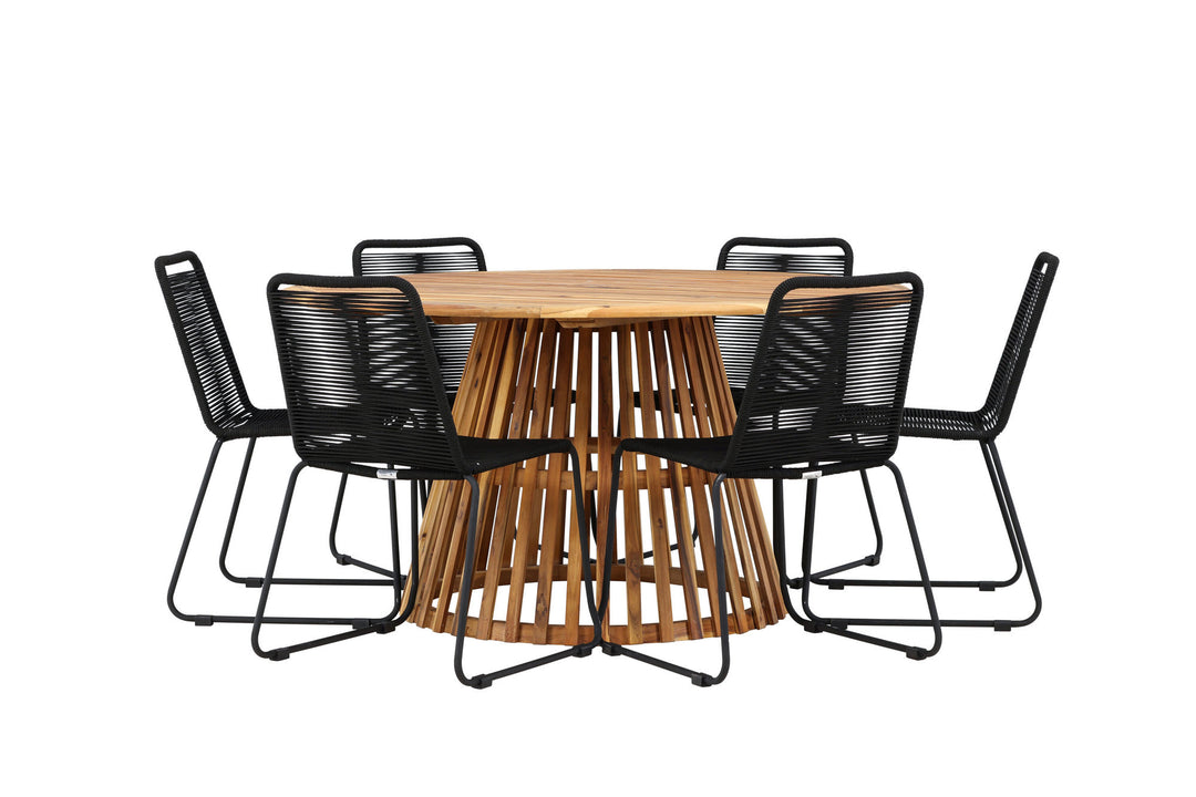 Venture Home Tucumán Dining Table - Acacia ø120 +Lindos Stacking Chair - Black Alu / Black Rope _6