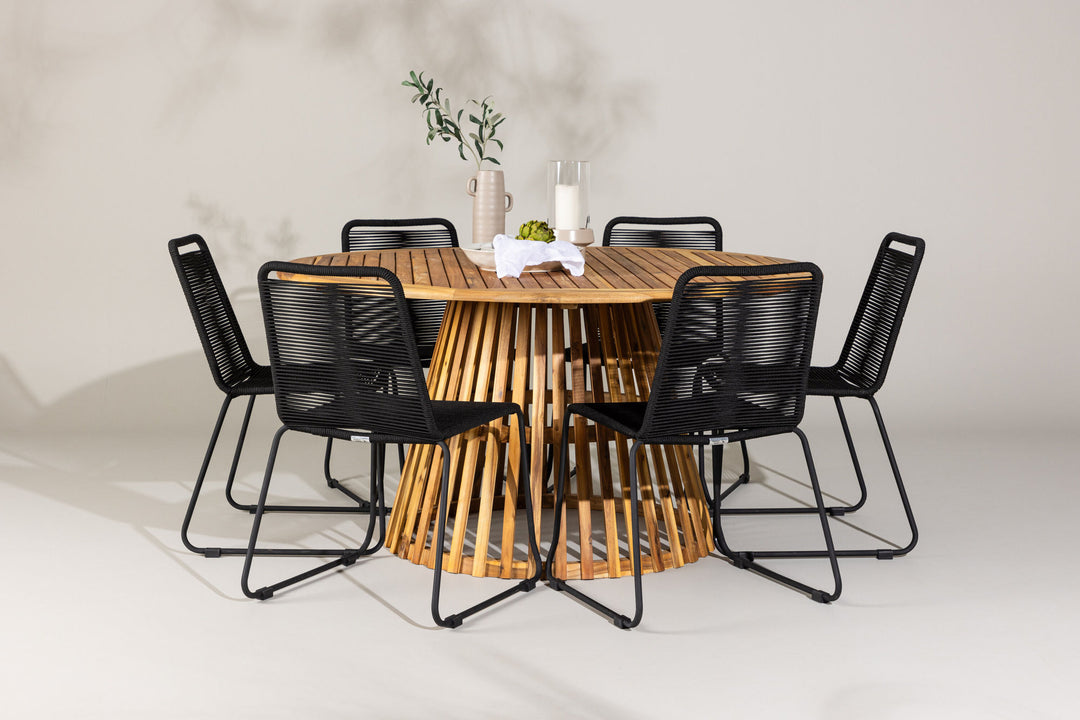 Venture Home Tucumán Dining Table - Acacia ø120 +Lindos Stacking Chair - Black Alu / Black Rope _6