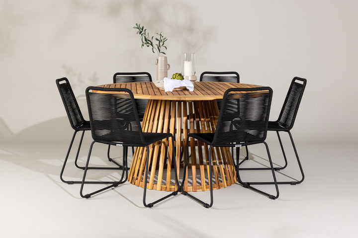 Venture Home Tucumán Dining Table - Acacia ø120 +Lindos Stacking Chair - Black Alu / Black Rope _6