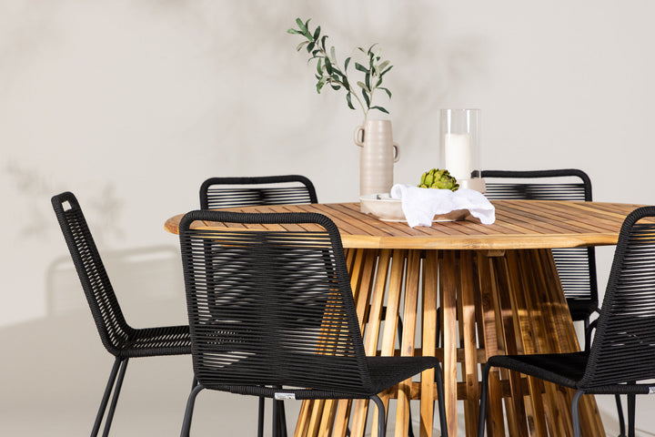 Venture Home Tucumán Dining Table - Acacia ø120 +Lindos Stacking Chair - Black Alu / Black Rope _6
