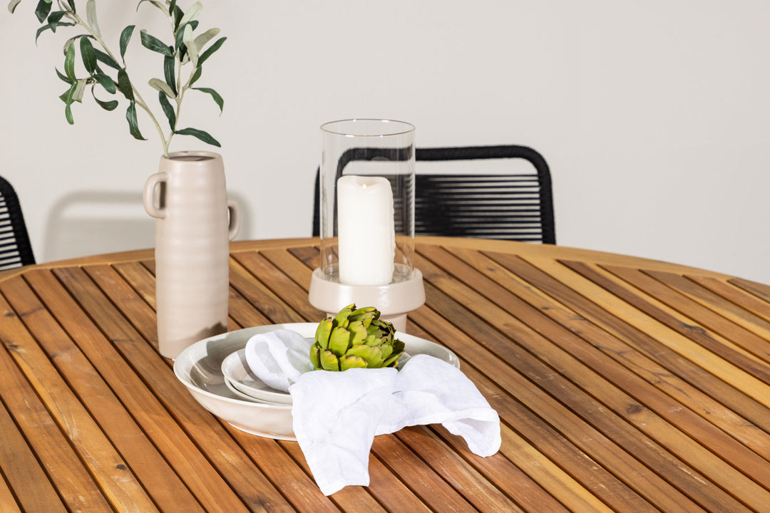 Venture Home Tucumán Dining Table - Acacia ø120 +Lindos Stacking Chair - Black Alu / Black Rope _6