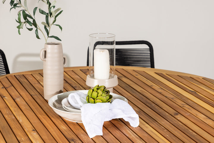 Venture Home Tucumán Dining Table - Acacia ø120 +Lindos Stacking Chair - Black Alu / Black Rope _6
