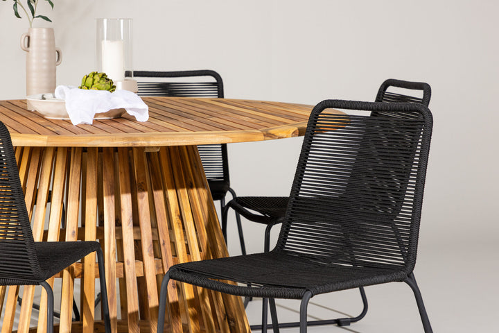 Venture Home Tucumán Dining Table - Acacia ø120 +Lindos Stacking Chair - Black Alu / Black Rope _6