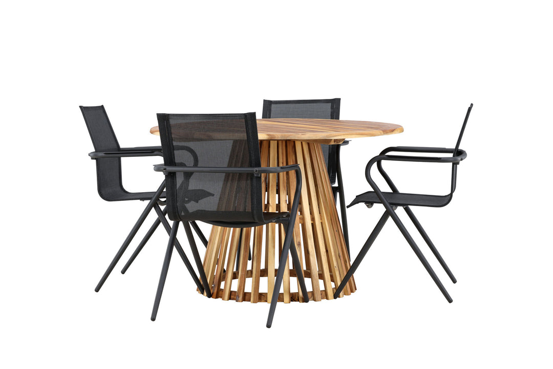 Venture Home Lumpur Diningtable Acacia - Teaklook / Round ø110**75 +Alina Dining Chair - Black Alu / Black Textilene _4