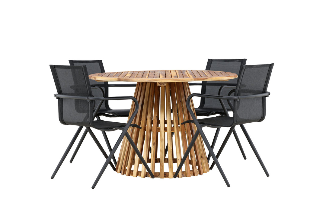 Venture Home Lumpur Diningtable Acacia - Teaklook / Round ø110**75 +Alina Dining Chair - Black Alu / Black Textilene _4