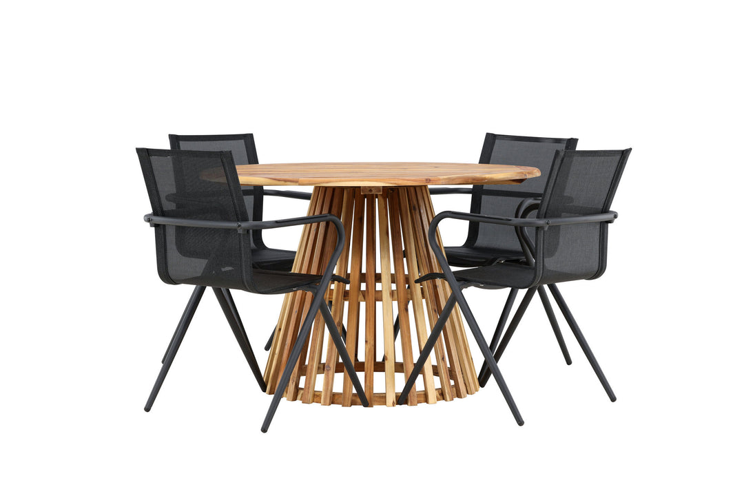 Venture Home Lumpur Diningtable Acacia - Teaklook / Round ø110**75 +Alina Dining Chair - Black Alu / Black Textilene _4