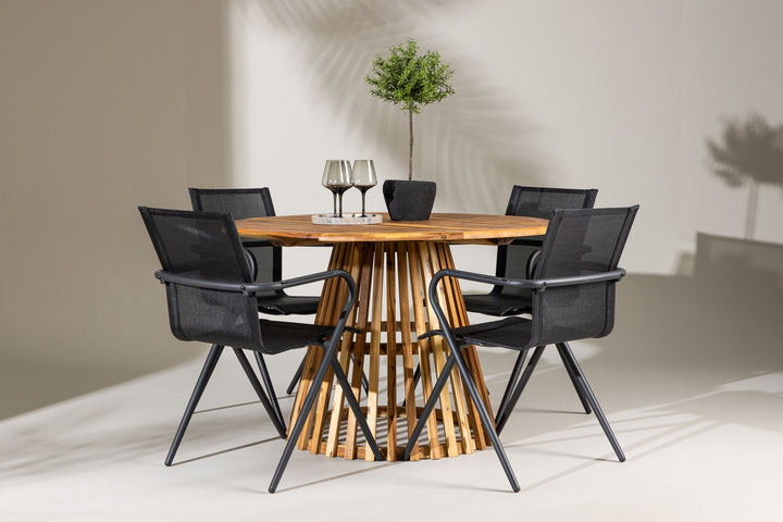 Venture Home Lumpur Diningtable Acacia - Teaklook / Round ø110**75 +Alina Dining Chair - Black Alu / Black Textilene _4