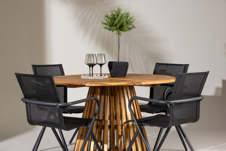 Venture Home Lumpur Diningtable Acacia - Teaklook / Round ø110**75 +Alina Dining Chair - Black Alu / Black Textilene _4