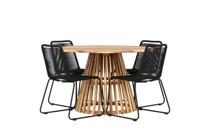 Venture Home Lumpur Diningtable Acacia - Teaklook / Round ø110**75 +Lindos Stacking Chair - Black Alu / Black Rope _4
