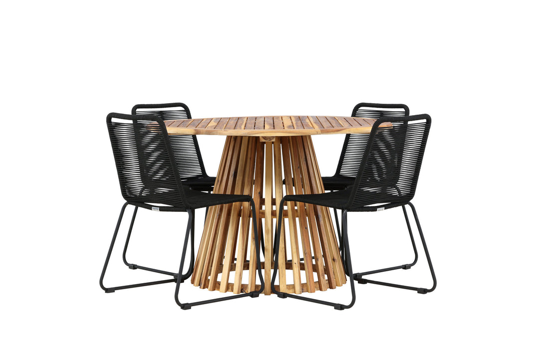 Venture Home Lumpur Diningtable Acacia - Teaklook / Round ø110**75 +Lindos Stacking Chair - Black Alu / Black Rope _4