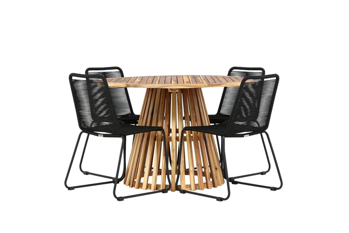 Venture Home Lumpur Diningtable Acacia - Teaklook / Round ø110**75 +Lindos Stacking Chair - Black Alu / Black Rope _4