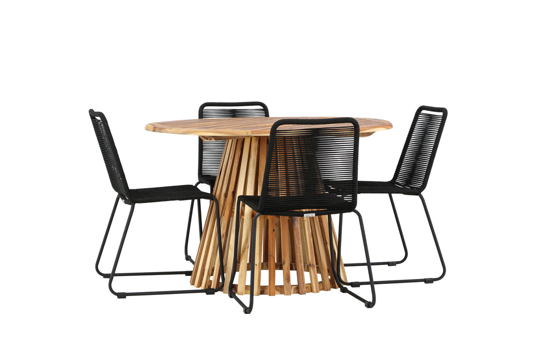 Venture Home Lumpur Diningtable Acacia - Teaklook / Round ø110**75 +Lindos Stacking Chair - Black Alu / Black Rope _4
