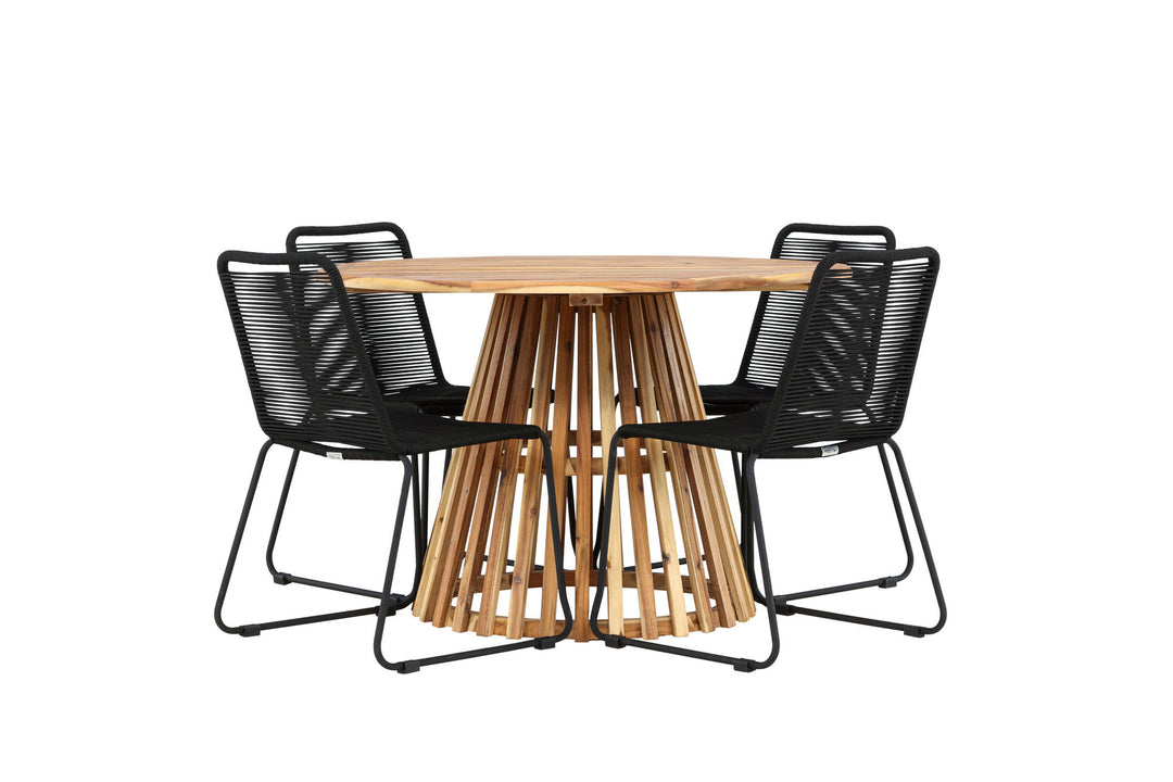 Venture Home Lumpur Diningtable Acacia - Teaklook / Round ø110**75 +Lindos Stacking Chair - Black Alu / Black Rope _4