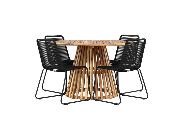 Venture Home Lumpur Diningtable Acacia - Teaklook / Round ø110**75 +Lindos Stacking Chair - Black Alu / Black Rope _4