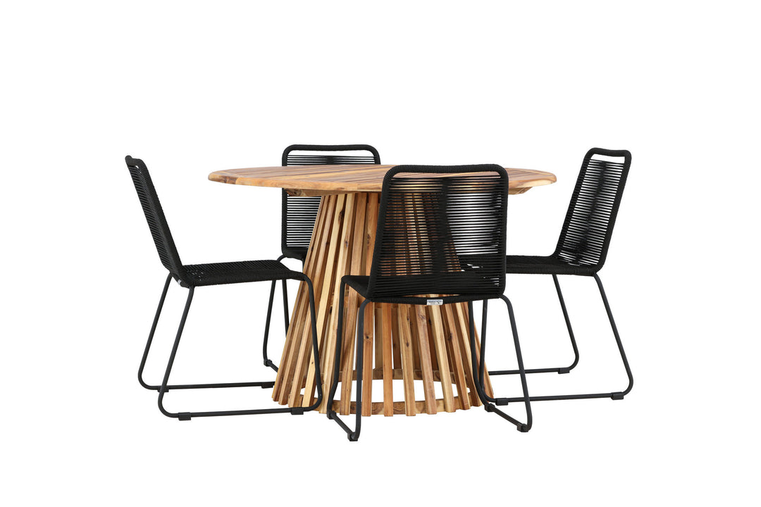 Venture Home Lumpur Diningtable Acacia - Teaklook / Round ø110**75 +Lindos Stacking Chair - Black Alu / Black Rope _4