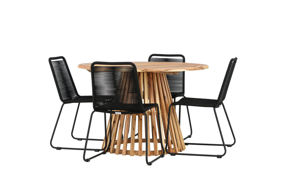 Venture Home Lumpur Diningtable Acacia - Teaklook / Round ø110**75 +Lindos Stacking Chair - Black Alu / Black Rope _4
