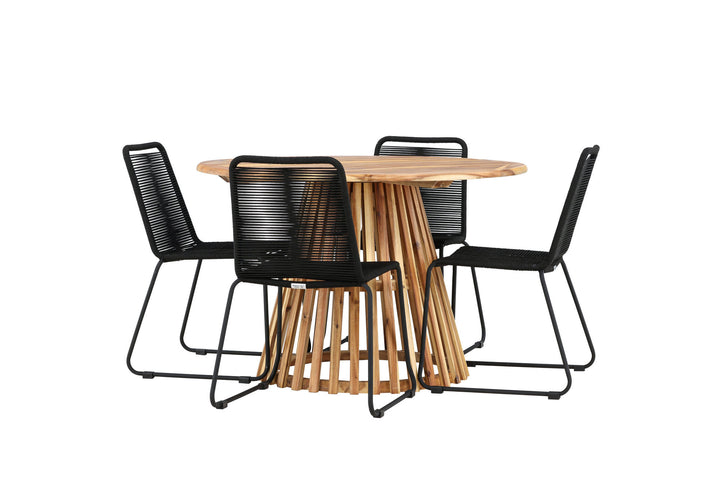 Venture Home Lumpur Diningtable Acacia - Teaklook / Round ø110**75 +Lindos Stacking Chair - Black Alu / Black Rope _4