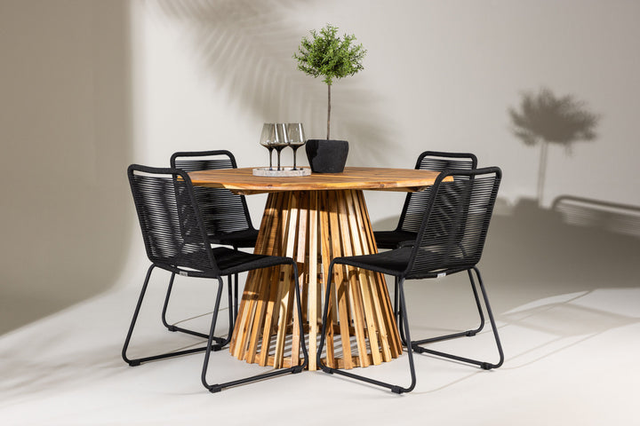 Venture Home Lumpur Diningtable Acacia - Teaklook / Round ø110**75 +Lindos Stacking Chair - Black Alu / Black Rope _4