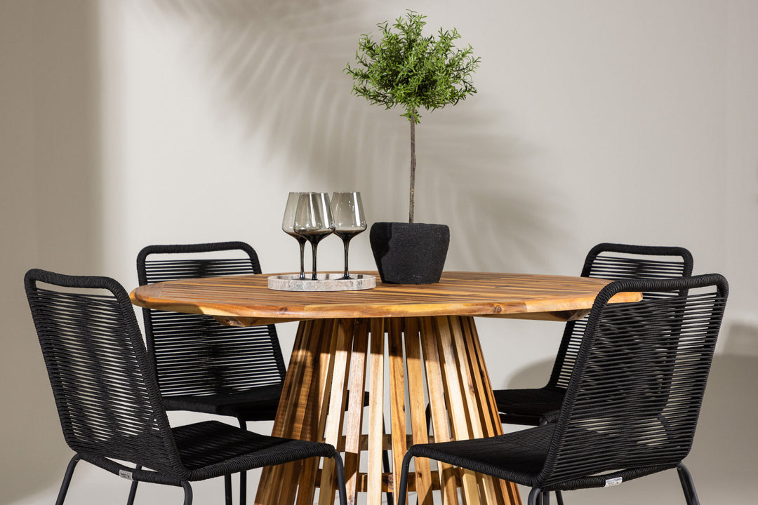 Venture Home Lumpur Diningtable Acacia - Teaklook / Round ø110**75 +Lindos Stacking Chair - Black Alu / Black Rope _4