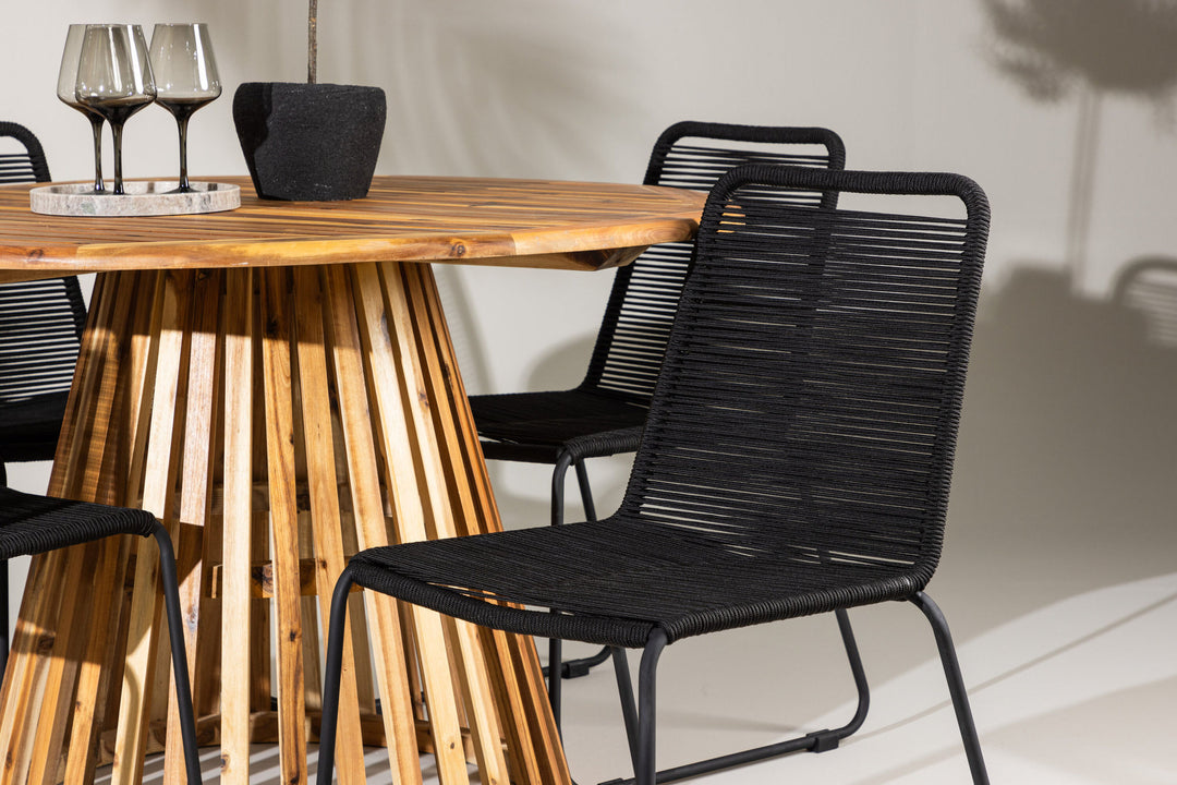 Venture Home Lumpur Diningtable Acacia - Teaklook / Round ø110**75 +Lindos Stacking Chair - Black Alu / Black Rope _4