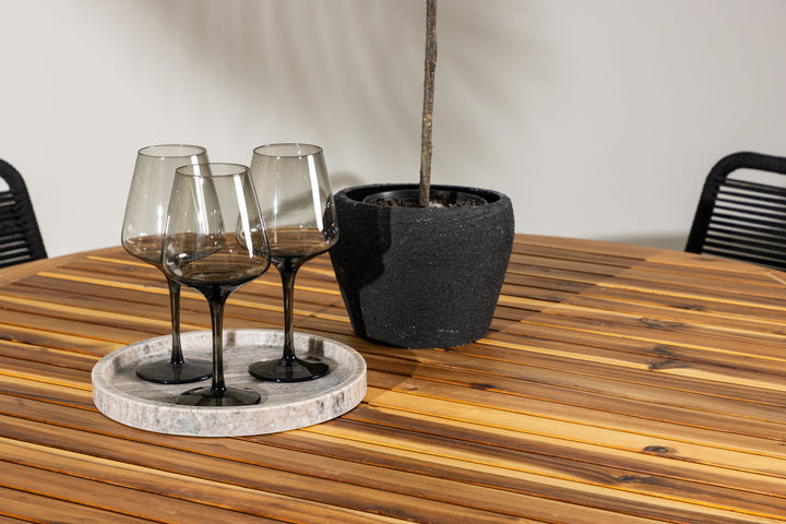 Venture Home Lumpur Diningtable Acacia - Teaklook / Round ø110**75 +Lindos Stacking Chair - Black Alu / Black Rope _4