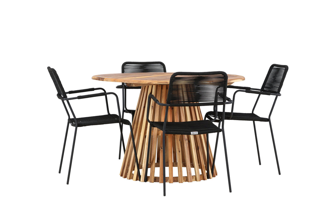 Venture Home Lumpur Diningtable Acacia - Teaklook / Round ø110**75 +Lindos Armchair - Black Alu / Black Rope _4