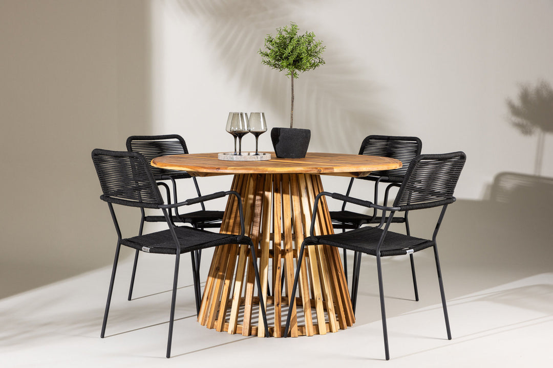 Venture Home Lumpur Diningtable Acacia - Teaklook / Round ø110**75 +Lindos Armchair - Black Alu / Black Rope _4