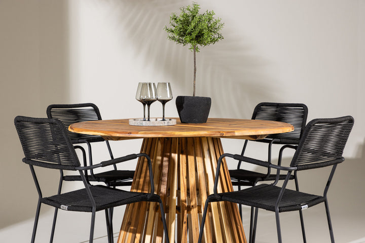 Venture Home Lumpur Diningtable Acacia - Teaklook / Round ø110**75 +Lindos Armchair - Black Alu / Black Rope _4