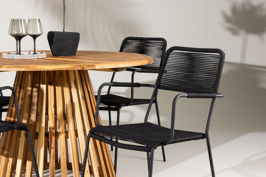 Venture Home Lumpur Diningtable Acacia - Teaklook / Round ø110**75 +Lindos Armchair - Black Alu / Black Rope _4