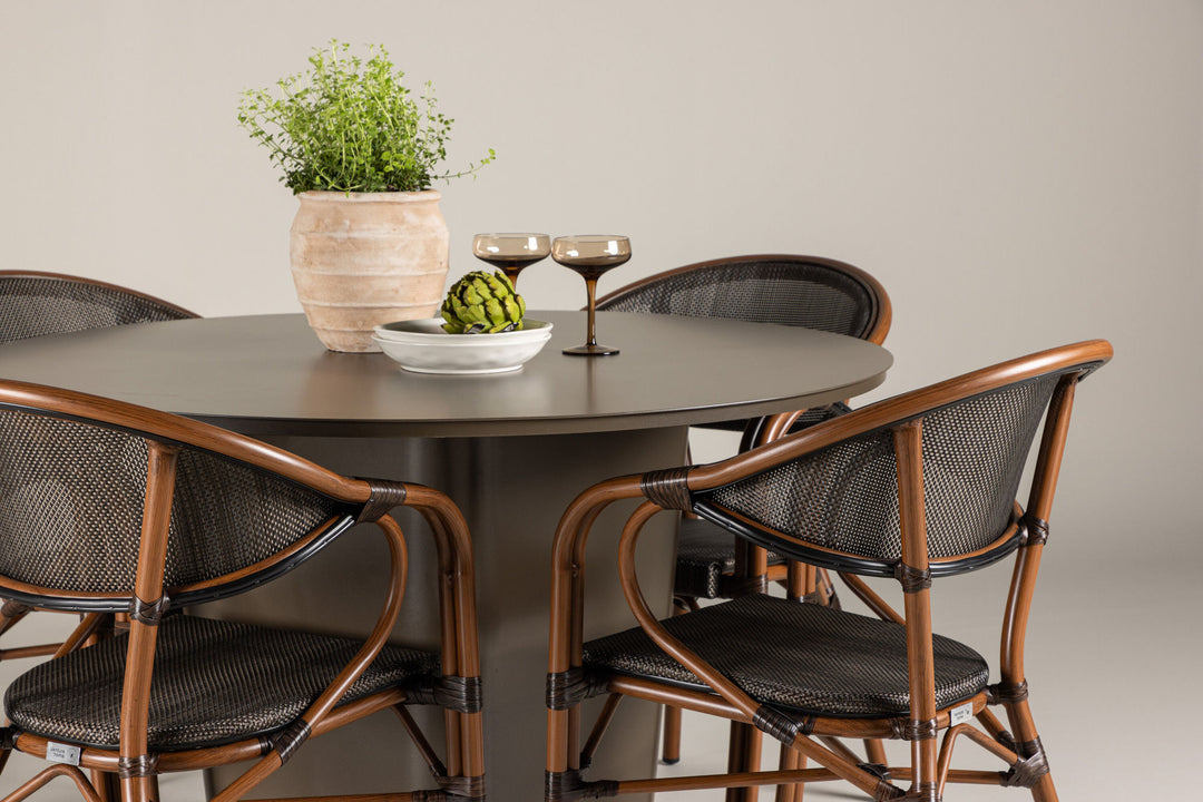 Santa Fe Spisegruppe Rund 120 cm + 4 stk Vila Spisestole Sort/Brun - Havesæt