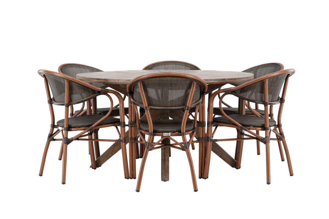 Venture Home Rosario Spisebord - Teak Ø140 + Vila Real Caféstol 6 stk. - Brun/Sort
