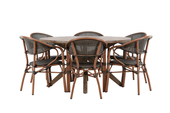 Venture Home Rosario Spisebord - Teak Ø140 + Vila Real Caféstol 6 stk. - Brun/Sort