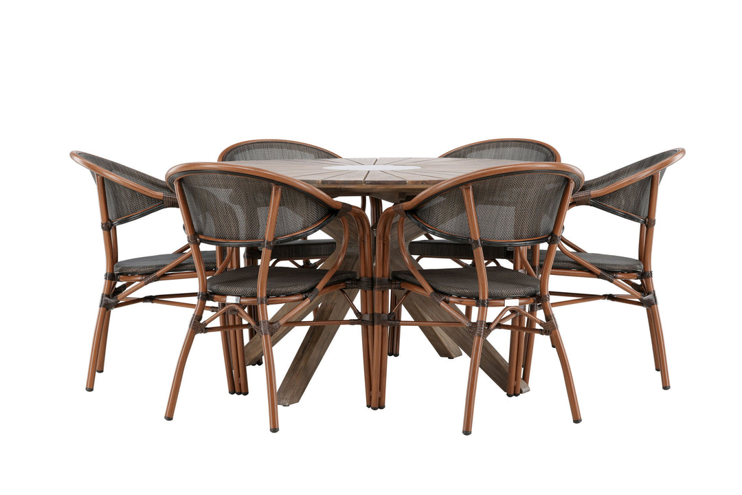 Venture Home Rosario Spisebord - Teak Ø140 + Vila Real Caféstol 6 stk. - Brun/Sort