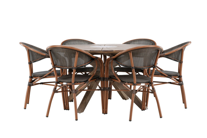 Venture Home Rosario Spisebord - Teak Ø140 + Vila Real Caféstol 6 stk. - Brun/Sort