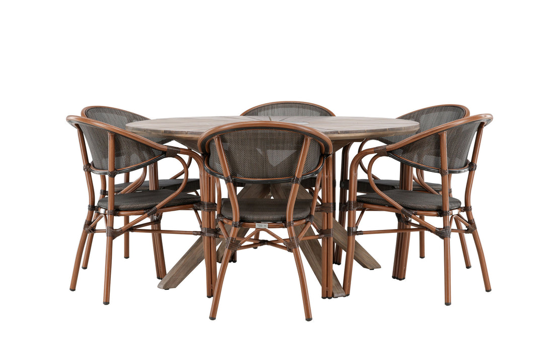 Venture Home Rosario Spisebord - Teak Ø140 + Vila Real Caféstol 6 stk. - Brun/Sort