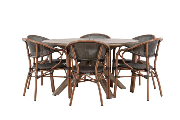 Venture Home Rosario Spisebord - Teak Ø140 + Vila Real Caféstol 6 stk. - Brun/Sort