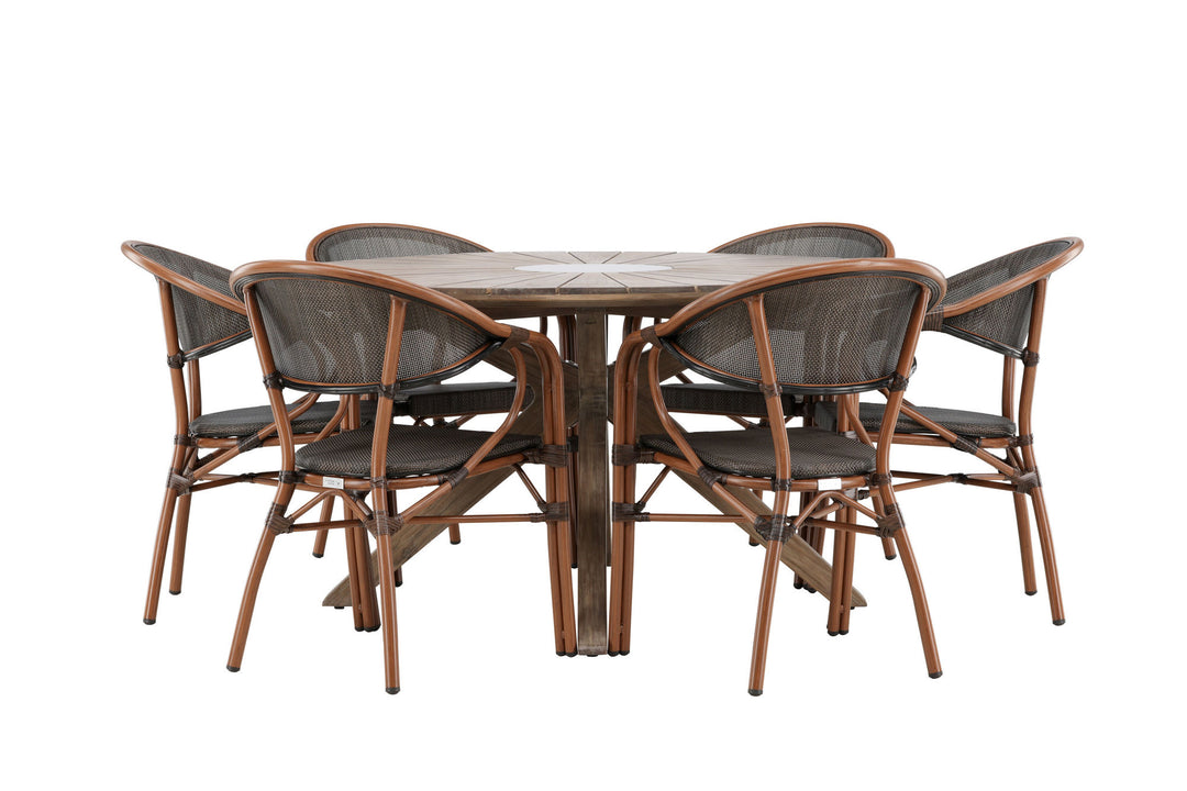 Venture Home Rosario Spisebord - Teak Ø140 + Vila Real Caféstol 6 stk. - Brun/Sort