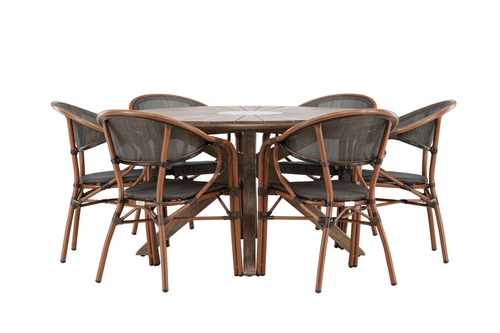 Venture Home Rosario Spisebord - Teak Ø140 + Vila Real Caféstol 6 stk. - Brun/Sort