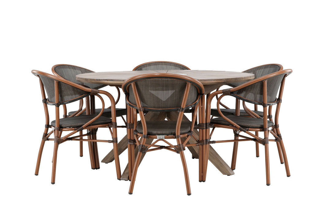 Venture Home Rosario Spisebord - Teak Ø140 + Vila Real Caféstol 6 stk. - Brun/Sort