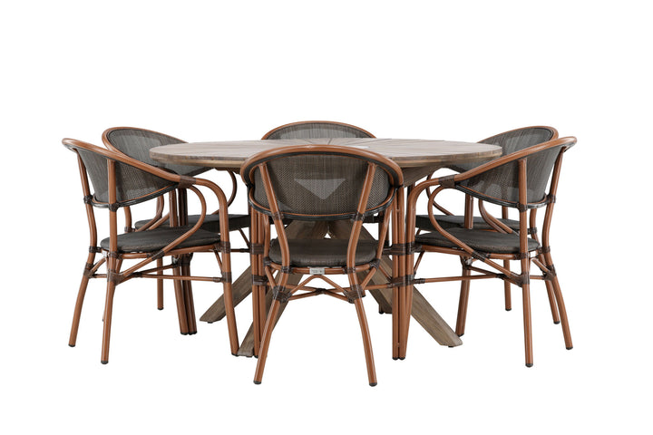 Venture Home Rosario Spisebord - Teak Ø140 + Vila Real Caféstol 6 stk. - Brun/Sort