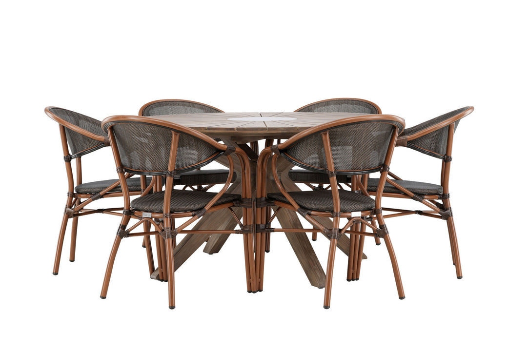 Venture Home Rosario Spisebord - Teak Ø140 + Vila Real Caféstol 6 stk. - Brun/Sort