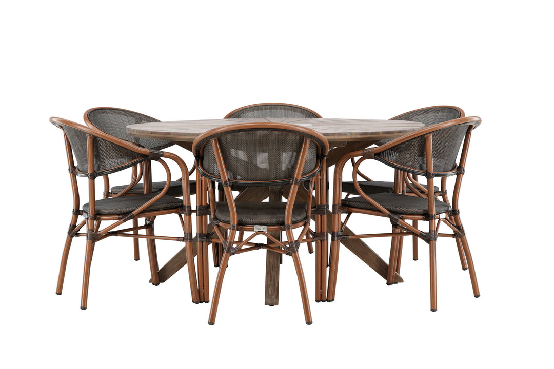 Venture Home Rosario Spisebord - Teak Ø140 + Vila Real Caféstol 6 stk. - Brun/Sort