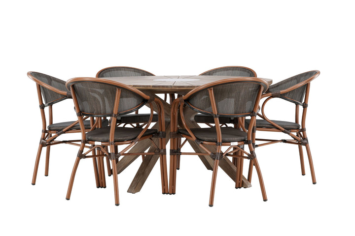 Venture Home Rosario Spisebord - Teak Ø140 + Vila Real Caféstol 6 stk. - Brun/Sort