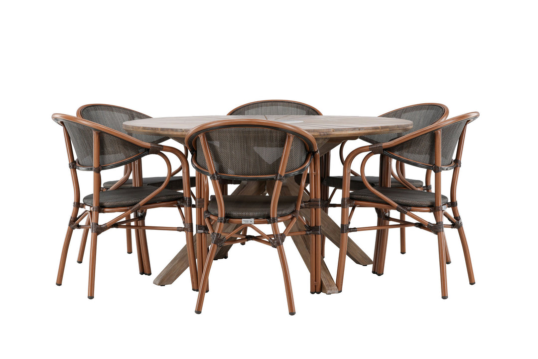 Venture Home Rosario Spisebord - Teak Ø140 + Vila Real Caféstol 6 stk. - Brun/Sort