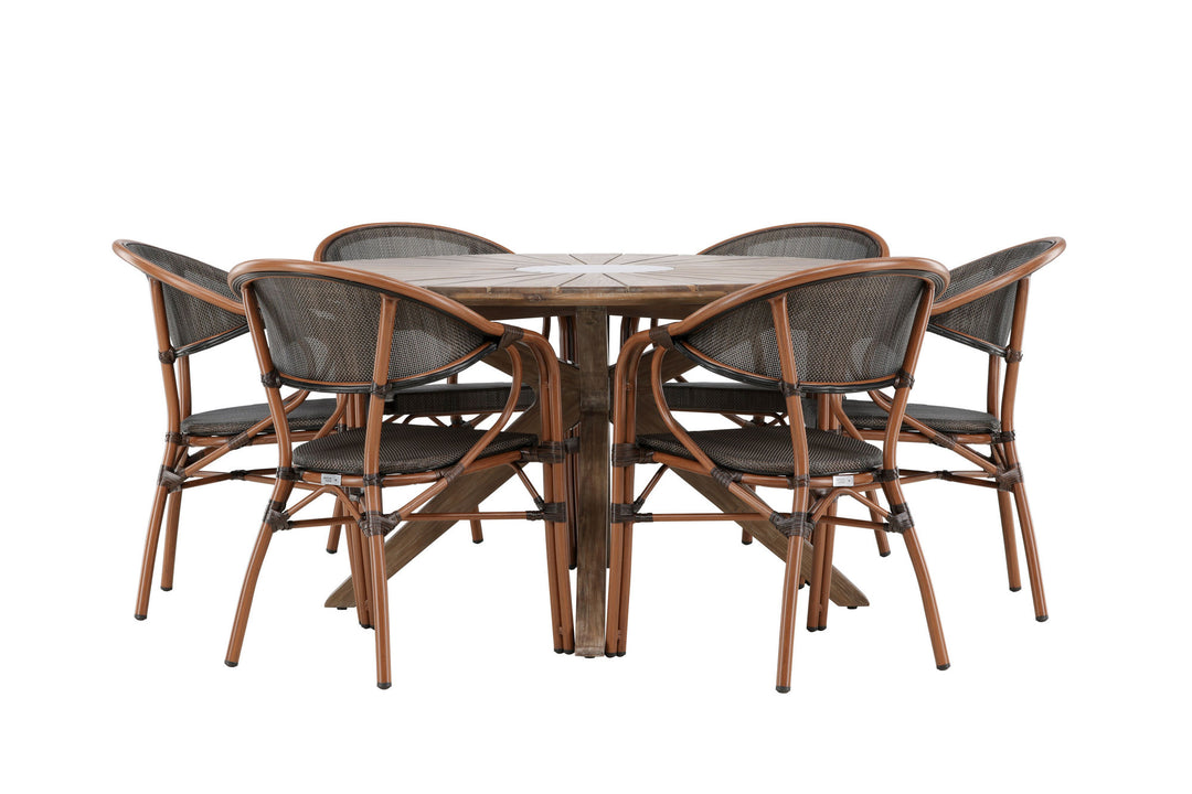 Venture Home Rosario Spisebord - Teak Ø140 + Vila Real Caféstol 6 stk. - Brun/Sort