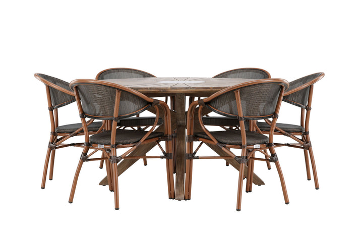 Venture Home Rosario Spisebord - Teak Ø140 + Vila Real Caféstol 6 stk. - Brun/Sort