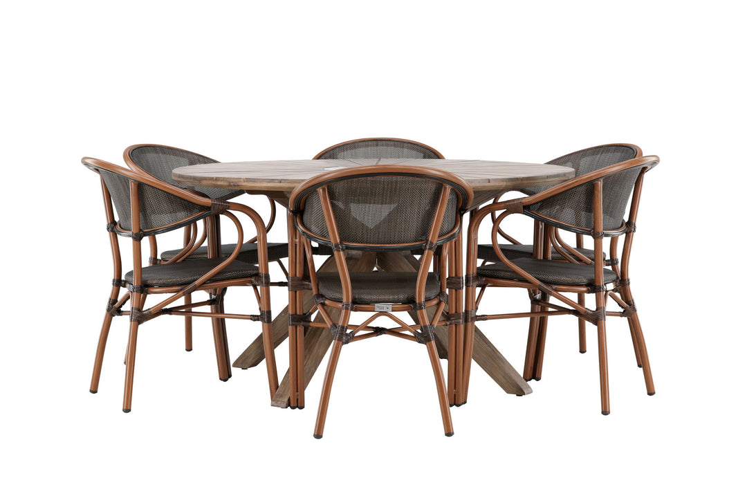 Venture Home Rosario Spisebord - Teak Ø140 + Vila Real Caféstol 6 stk. - Brun/Sort