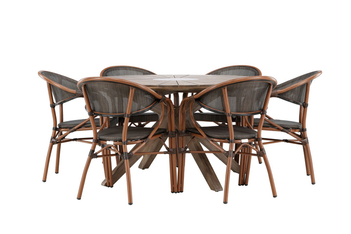 Venture Home Rosario Spisebord - Teak Ø140 + Vila Real Caféstol 6 stk. - Brun/Sort