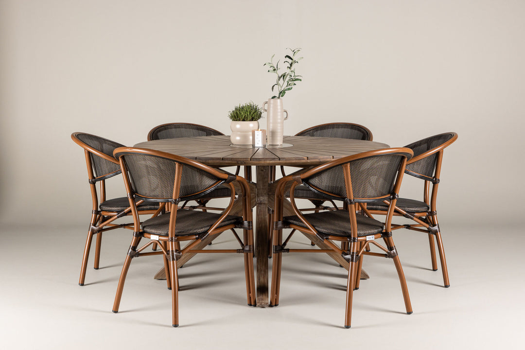 Venture Home Rosario Spisebord - Teak Ø140 + Vila Real Caféstol 6 stk. - Brun/Sort