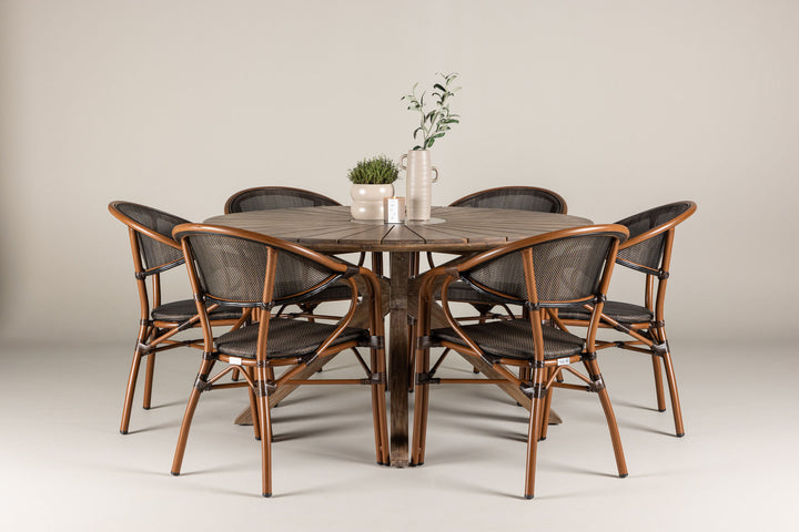 Venture Home Rosario Spisebord - Teak Ø140 + Vila Real Caféstol 6 stk. - Brun/Sort